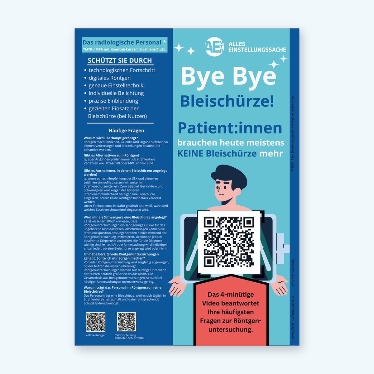 „Bye Bye Bleischürze“ – Poster mit Erklärvideo (QR-Code) | Patienteninformation Röntgen A3/A2