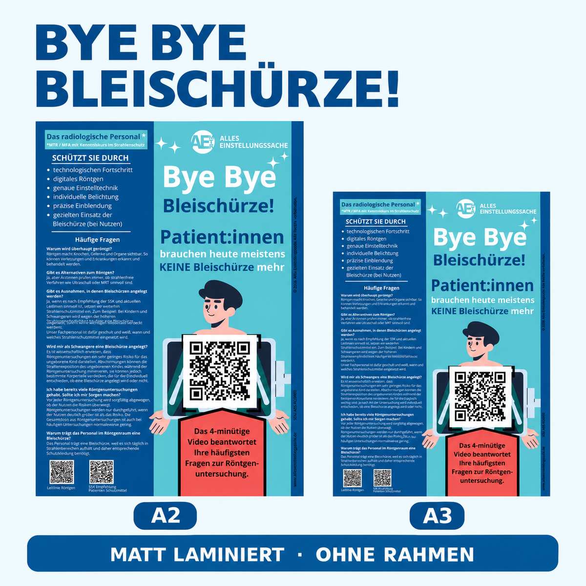 „Bye Bye Bleischürze“ – Poster mit Erklärvideo (QR-Code) | Patienteninformation Röntgen A3/A2